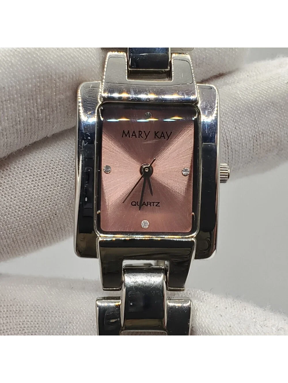 Mary Kay Pink Dial Rectangle Womens Watch 20mm Silver Tone New Battery